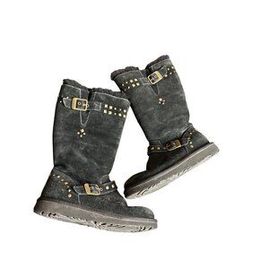 Ugg Black Suede Mid-Calf Boots With Shearling Lining & Gold Studded Buckle Accen